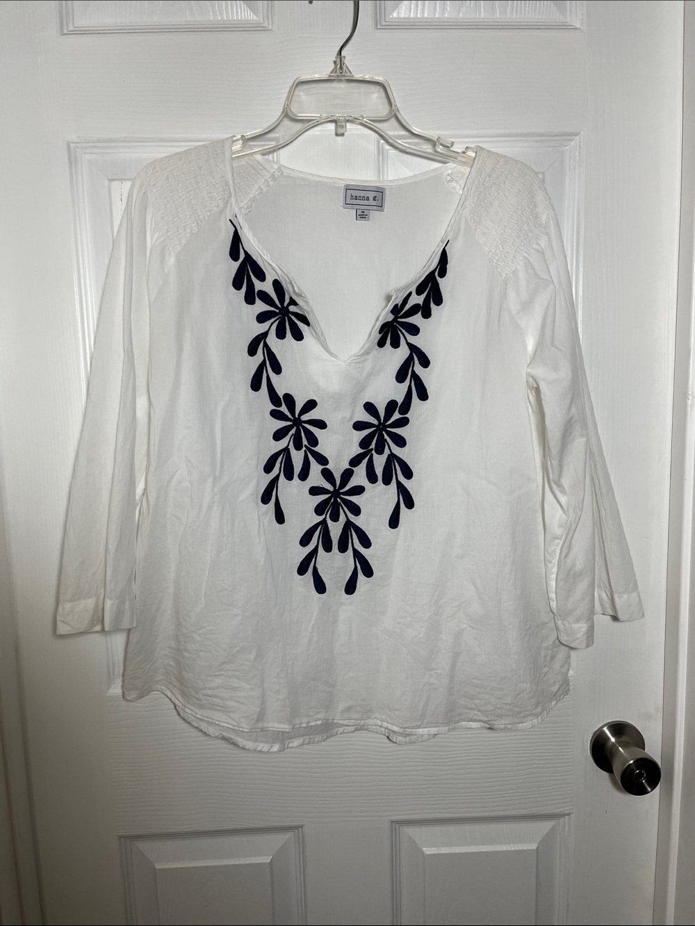 Hanna g. Off White Embroidered Peasant Blouse with Navy embroidered Motif